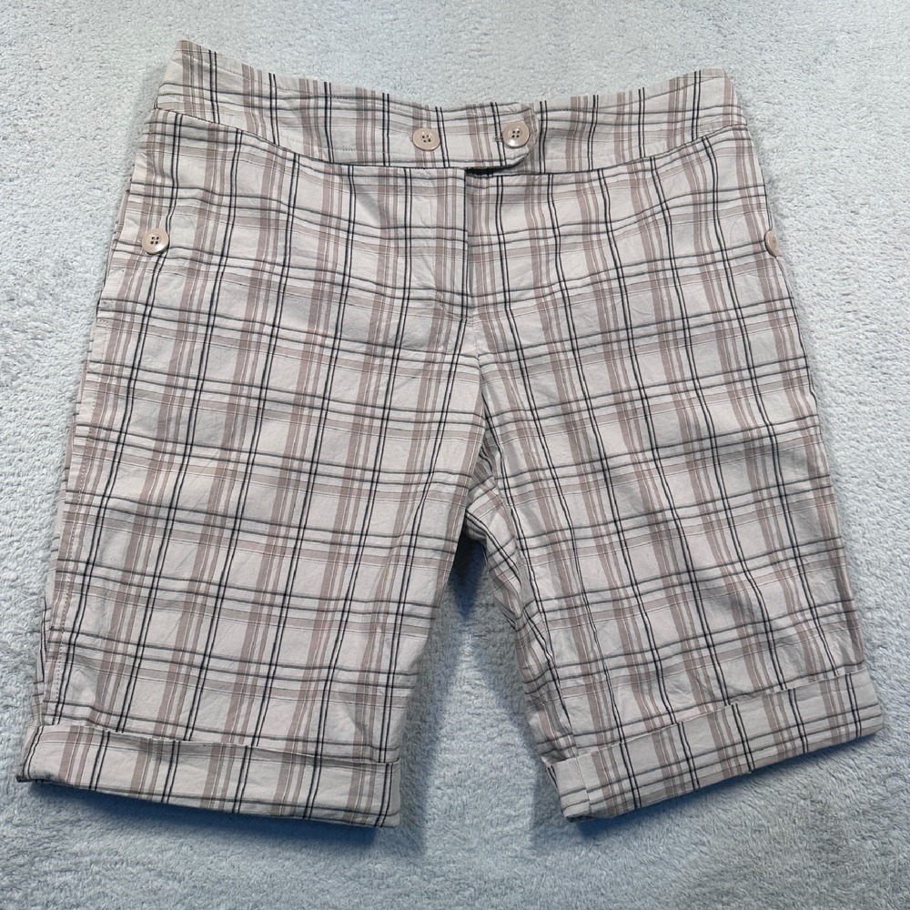 Y2K AGB Plaid Bermuda Shorts Women's 10 Cuffed Casual‎ Comfort Beige Brown